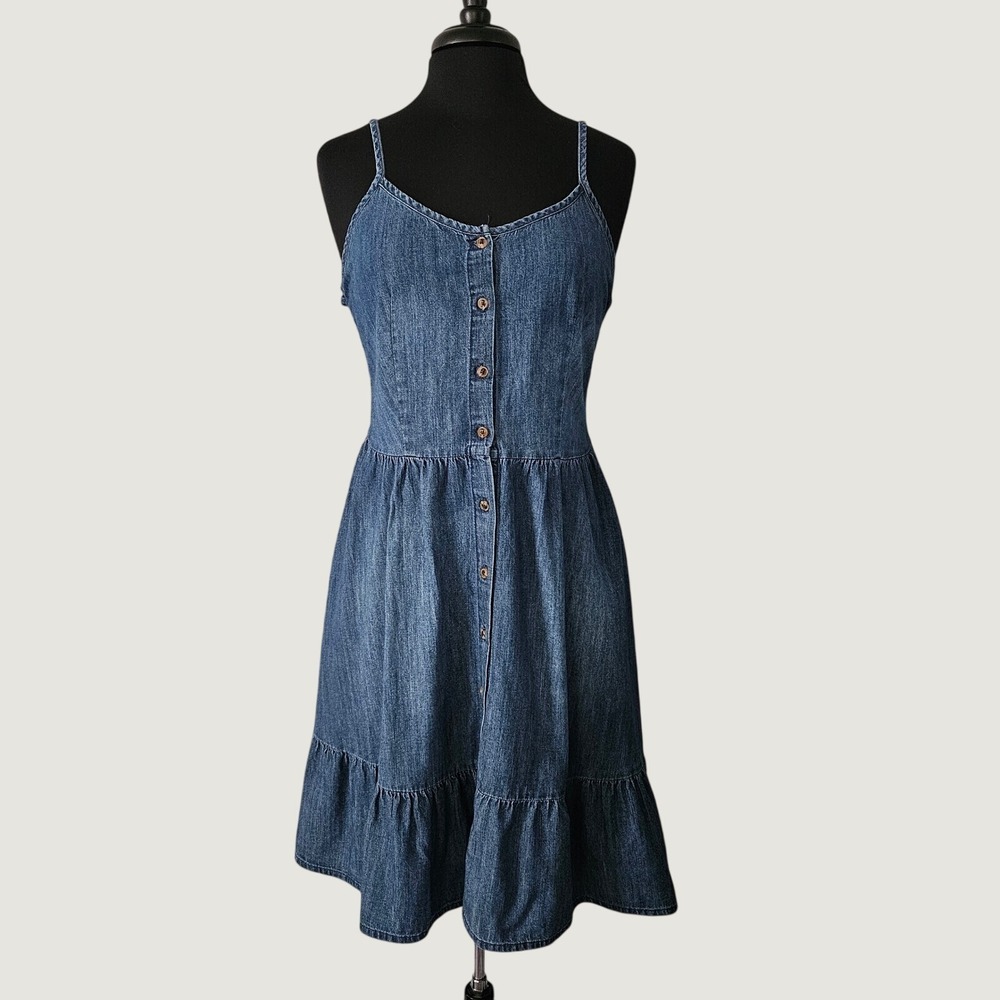 Universal Thread Denim Dress Women Button Front Smocked Tiered Cotton Mini Dress